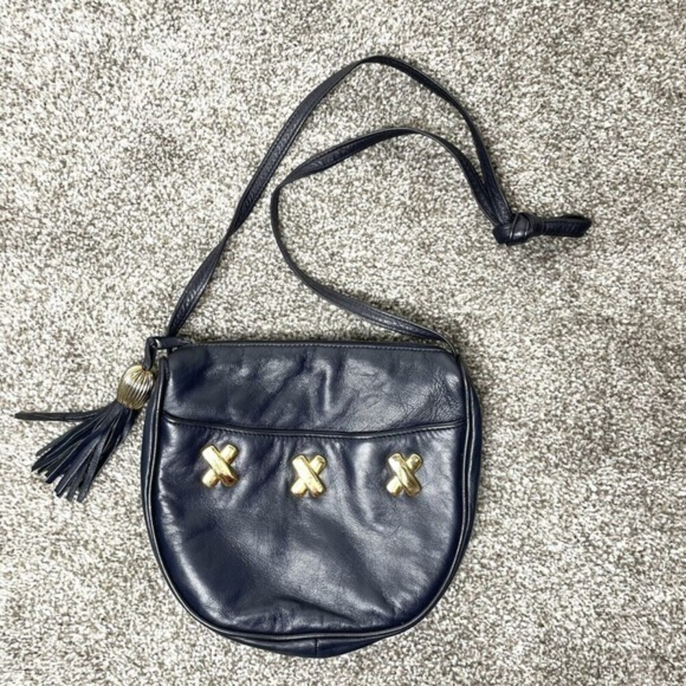 Vintage Genuine Leather womens purse Navy Blue and Gold Crossbody Bag Tassle Zip